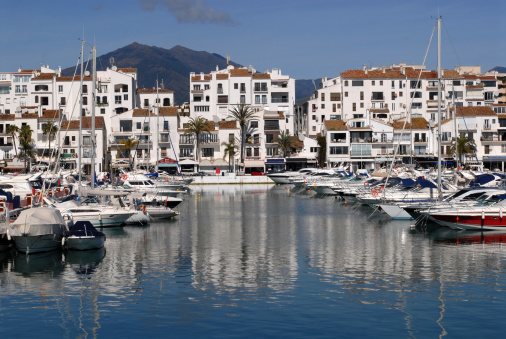 Some of the luxury yachts moored in the marina at Puerto Banus. Marbella. Spain.