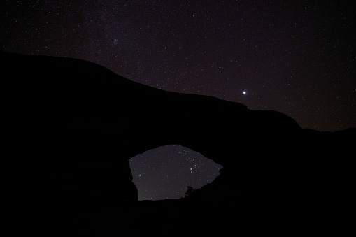 A starry night in Arches National Park. The north window arch is silhouetted against the beautiful sky.
