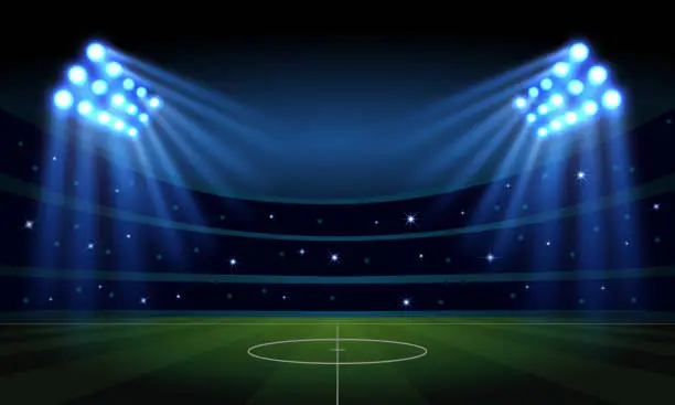 Vector illustration of Illuminated Football Stadium at night with blurry spotlights