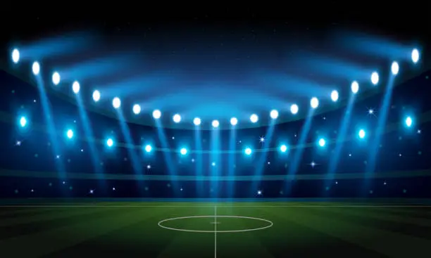 Vector illustration of Illuminated Football Arena at night with blue spotlights