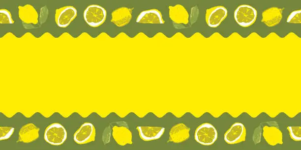 Vector illustration of Wabi sabi paper tape lemons, watercolor paper tape with lemon vector seamless pattern frame.