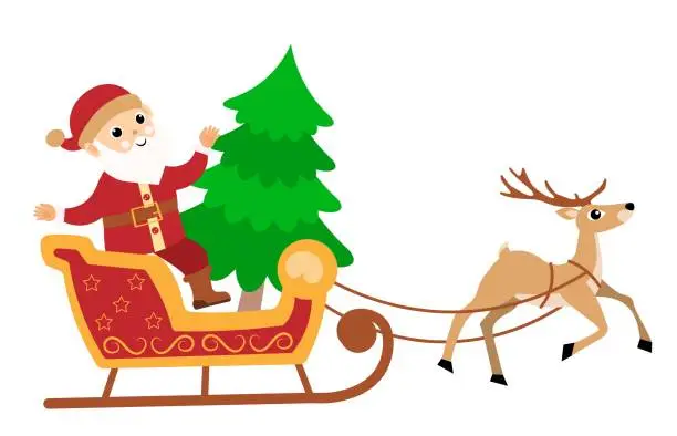 Vector illustration of Christmas story time. Santa Claus is carrying a Christmas tree on a sleigh. Christmas and New Year vector composition.