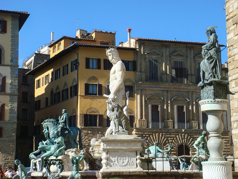View of the town square and sculpture on a sunny day. Florence. Italy.