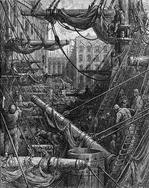 Vintage engraving showing a scene from 19th Century London England. Sailors can be seen climbing around the ships tied up at London docks.