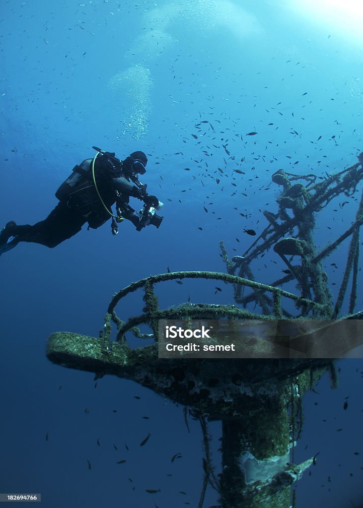 scuba diver looks at the mast a scuba diver looks around the crows nest of the p29 shipwreck in Malta Animal Stock Photo