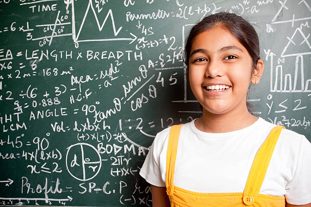 istock Horizontal Cheerful Indian Girl Student with Mathematics Problems 182695060