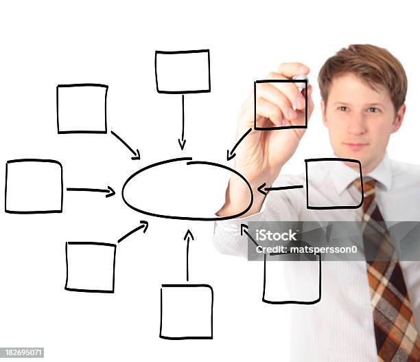 Hombre De Negocios Dibujar Un Diagrama De Tormenta De Ideas Foto de stock y más banco de imágenes de Círculo