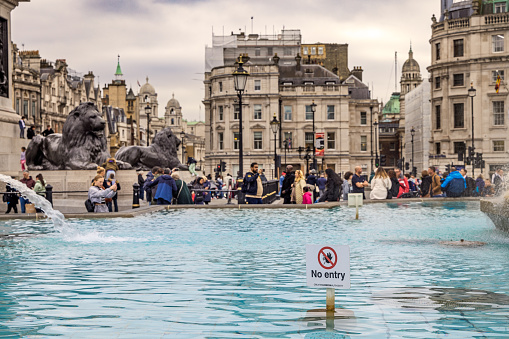 Trafalgar Square, London, England - October 25th 2023:  No entry sign in the famous fountain - focus is on the sign