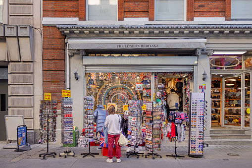 Museum Street, London, England - October 25th 2023: English souvenir shop opposite the British Museum