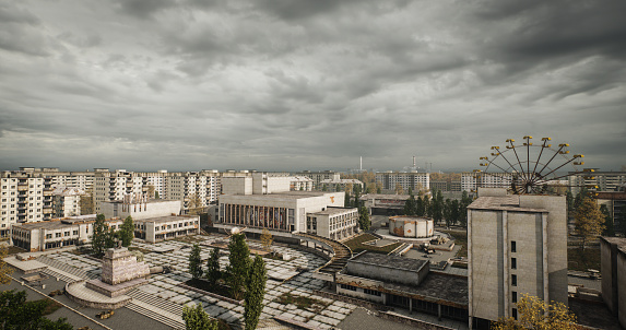 Digitally generated high angle view of Pripyat (Russian/Ukrainian: При́пять, Prýp'jat́), which used to be a town built for engineers working at the Chornobyl NPP.\n\nThe scene was created in Autodesk® 3ds Max 2024 with V-Ray 6 and rendered with photorealistic shaders and lighting in Chaos® Vantage with some post-production added.