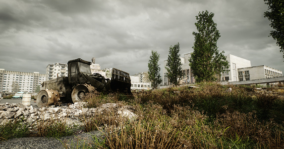 Digitally generated eerie scene of an abandoned, rusty bulldozer amidst overgrown vegetation with the desolate apartment buildings of Pripyat looming in the background, under a cloudy sky, illustrating the deserted atmosphere of the ghost town.

The scene was created in Autodesk® 3ds Max 2024 with V-Ray 6 and rendered with photorealistic shaders and lighting in Chaos® Vantage with some post-production added.