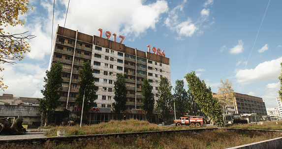 Digitally generated overgrown that vegetation encroaches upon an abandoned multi-story building in Pripyat, adorned with Soviet-era years 1917 and 1986 on its façade. An old firetruck sits forgotten in the foreground, symbolizing a silent witness to a once-thriving but now deserted city.

The scene was created in Autodesk® 3ds Max 2024 with V-Ray 6 and rendered with photorealistic shaders and lighting in Chaos® Vantage with some post-production added.