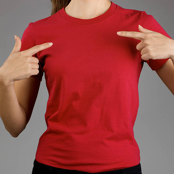 istock Young woman posing with blank red shirt 182696287