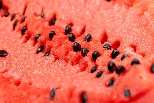a large number of black seeds in a red ripe watermelon, the flesh of a ripe watermelon is red with small seeds