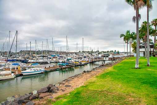 Aerial panoramic 8 image composite of the San Diego, California (USA) waterfront near Seaport Village.