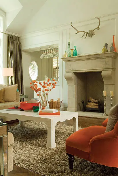 Contempo Living Room Interior with Deer Antlers over Fireplace
