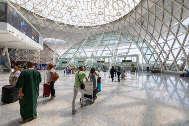 Marrakech, Morocco - August 1, 2023: Interior of the Marrakech-Menara airport, the main airport of the country, renovated in 2008 with many nods to Islamic culture and typical Islamic ornaments.