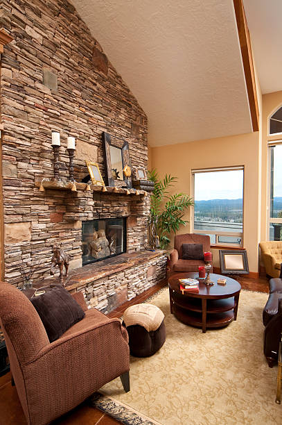istock Living room with brick wall fireplace 182697685