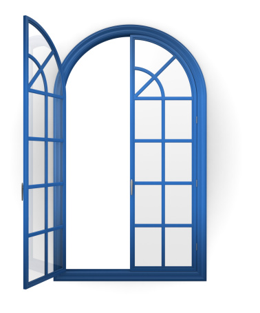 Arched blue window with one side open isolated on a white background.Could be a useful element in a composition.This is a detailed 3d rendering.