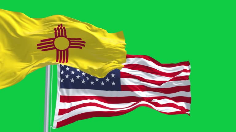 New Mexico state flag waving with the american flag on green screen