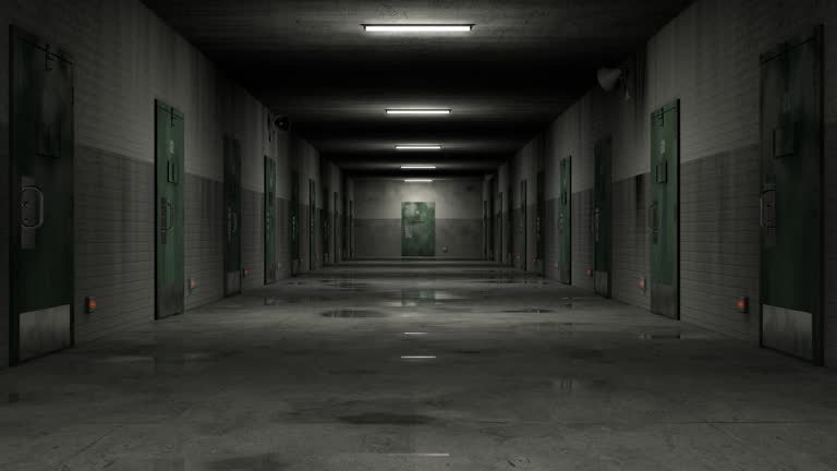 Empty prison corridor with lights turning on. 3d render. Seamless loop.