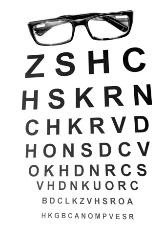 Pair of glasses with an eye test on a white background