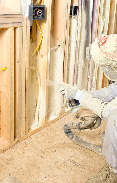 Construction Worker Spraying Expandable Foam Insulation Between Wall Studs  spray insulation stock pictures, royalty-free photos & images