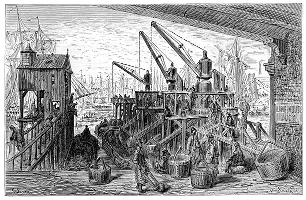Victorian London - Limehouse Dock Vintage engraving showing a scene from 19th Century London England. Showing the steam cranes at Limehouse Dock. limehouse stock illustrations
