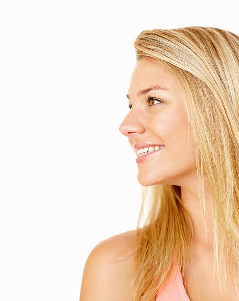 istock Happy young blond female looking at copy space 182700022