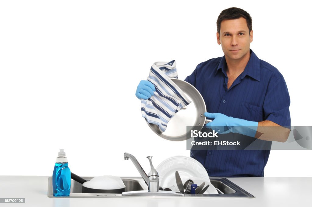 Homem Lavando pratos isolado no fundo branco - Foto de stock de Louça royalty-free