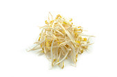 A pile of white bean sprouts on a white background