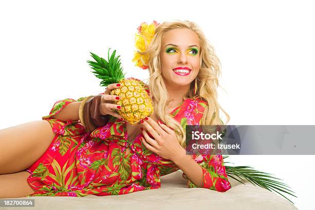 Summer Portrait Of Attractive Blonde Woman Holding Pineapple Fruit Stock Photo - Download Image Now