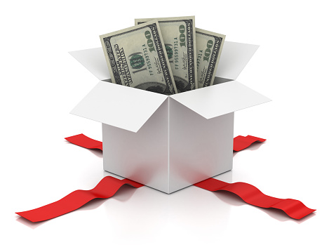 3d render.  Box and dollars  isolated on white background.