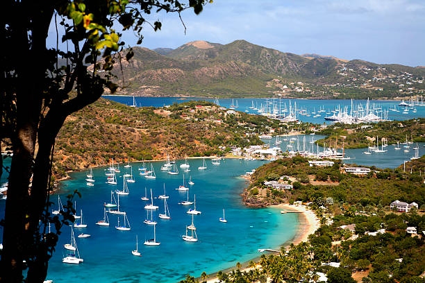 A view of Nelson's English Harbour in Antigua with Falmouth in the background.