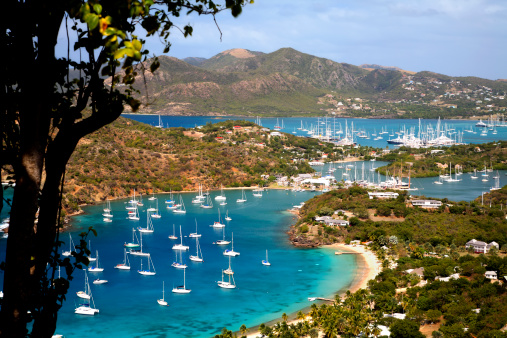 A view of Nelson's English Harbour in Antigua with Falmouth in the background.