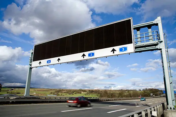 "Overhead gantry sign - motorway, traffic information system, provides important information in case of traffic jams or accidents"