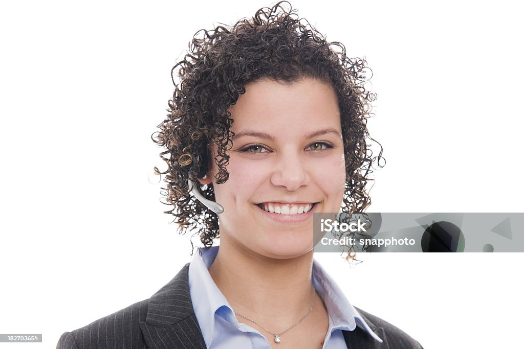 Mulher com fones de ouvido Isolado no branco - Foto de stock de Recepção de hotel royalty-free