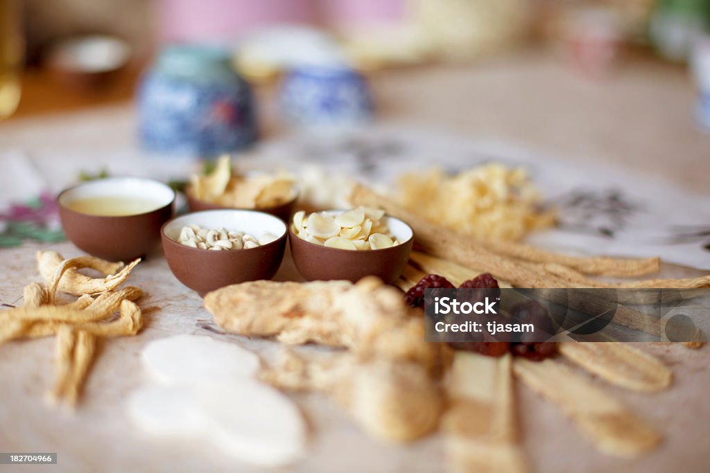 Chinese Medicine Selection of traditional Chinese herbal medicine. (selective focus) Ginseng Stock Photo