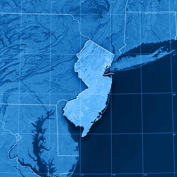 New Jersey Topographic Map "3D render and image composing: Topographic Map of New Jersey, USA. Including state borders, rivers and accurate longitude/latitude lines. High quality relief structure!Relief texture and satellite images courtesy of NASA. Further data source courtesy of CIA World Data Bank II database.Related images:" delaware bay new jersey stock pictures, royalty-free photos & images