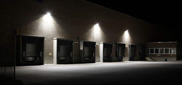 HDR image of illuminated loading docks at a warehouse.