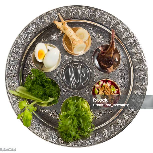 Seder Plate With Traditional Food Isolated Stock Photo - Download Image Now - Passover, Seder Plate, Cut Out