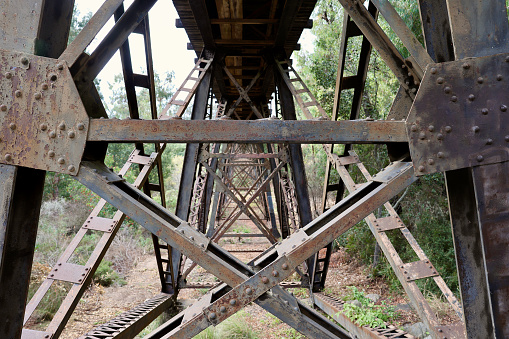 Steel beam train trestle forms a bridge across the canyon