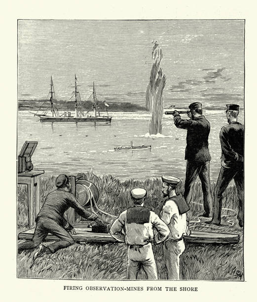 ilustrações, clipart, desenhos animados e ícones de disparando minas de observação das costas, hms nelson, naval drill, jervis bay, nova gales do sul, década de 1880 - seamine