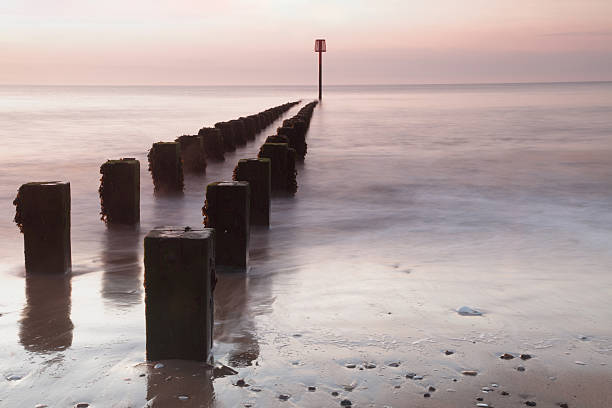 breakwater groynes (xxxl - beach sunrise waterbreak sea photos et images de collection