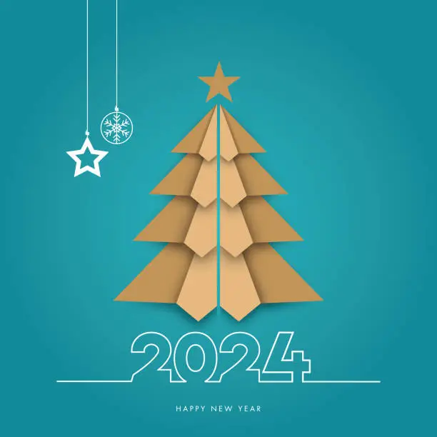 Vector illustration of 2024. Happy New Year. Origami Christmas Tree. Abstract numbers on background vector illustration. Holiday banner design for greeting card, invitation, calendar, etc. vector stock illustration
