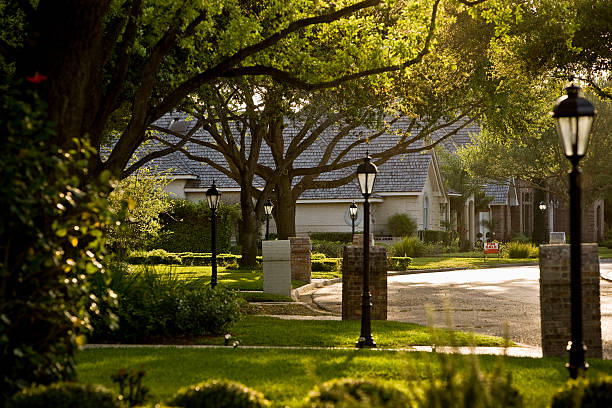 Suburb A sunny morning on a exclusive american residential suburb houses for sale stock pictures, royalty-free photos & images