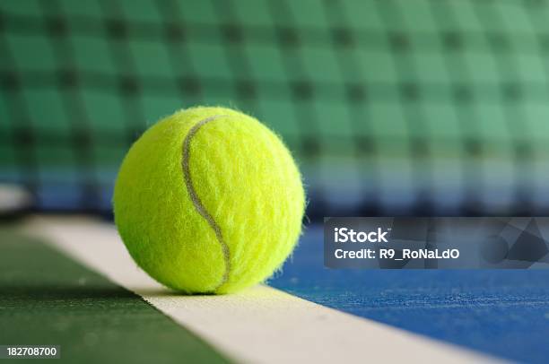 Tennis Ball On The Line With Net In Background Stock Photo - Download Image Now - Tennis, Sports Court, Tennis Ball