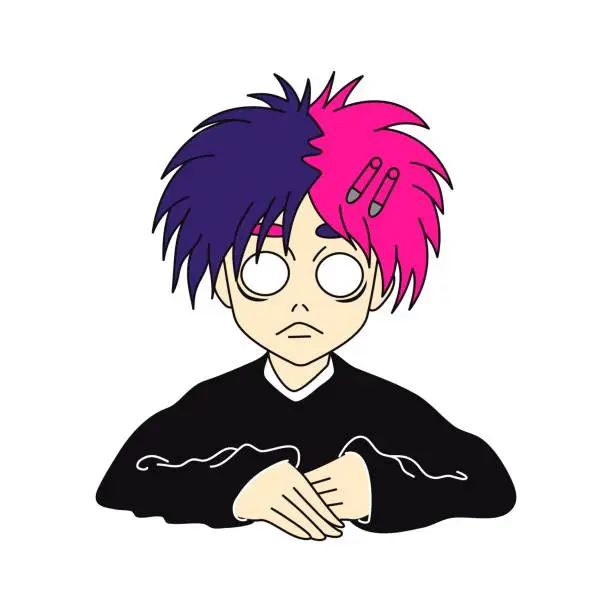 Vector illustration of Emo boy character. Y2k style. Black subculture. Vector flat illustration isolated on white background.