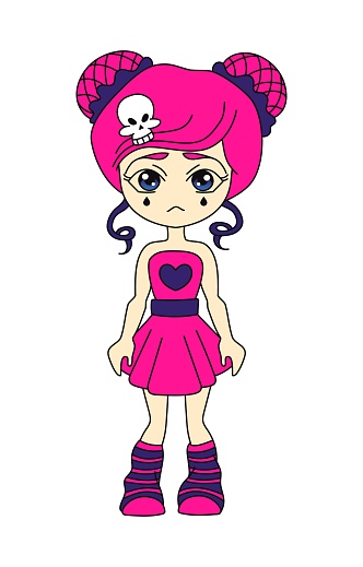 Young emo girl anime character. Y2k style. Black and pink. Vector flat illustration isolated on white background.