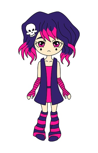 Young emo girl anime character. Y2k style. Black and pink. Vector flat illustration isolated on white background.
